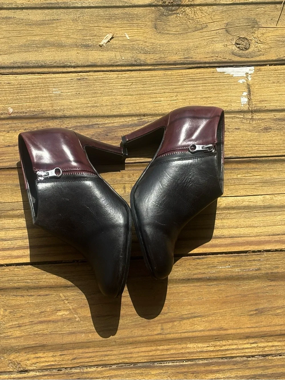 See By Chloé Two-Tone Black and Burgundy Leather Ankle Booties